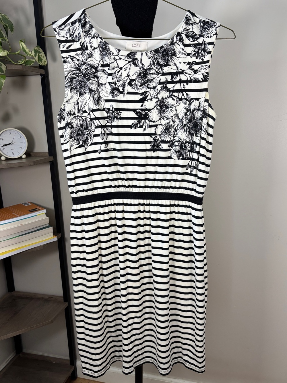 LOFT Black & White Striped Floral Sleeveless Midi Dress